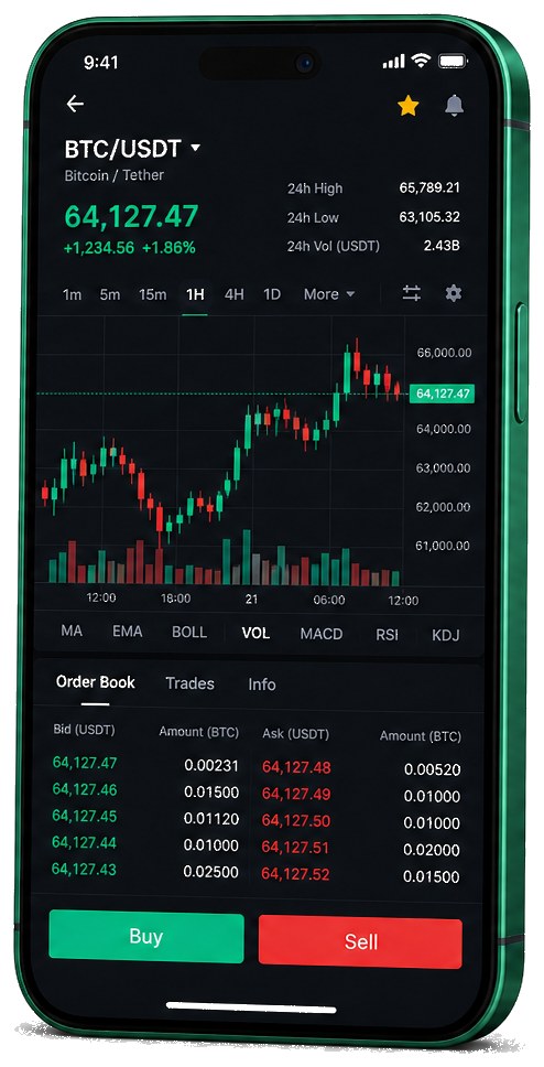 Sovamnex trading platform på mobil – live BTC/USDT chart, ordrebog og køb/salg interface